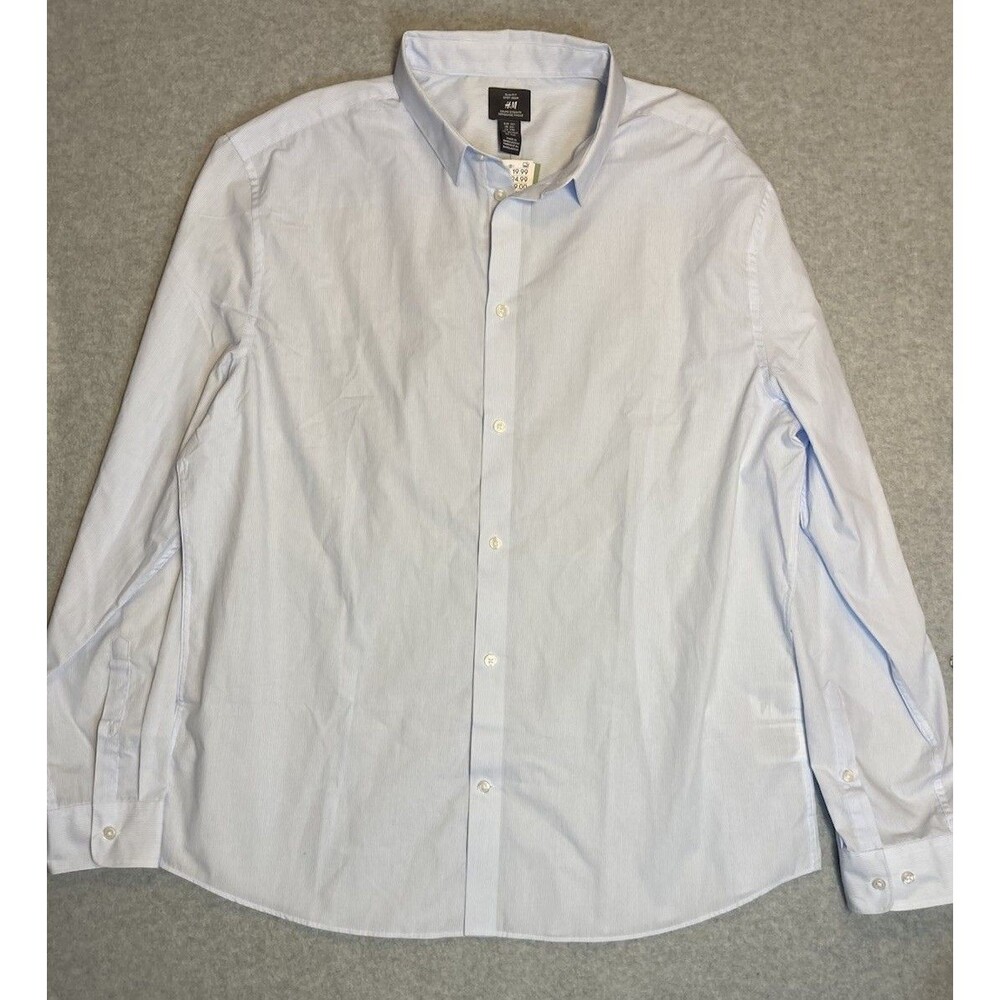 H&M Mens Sz Xxl Slim Dress Shirt New Light Blue & White Stripe Spring Coastal